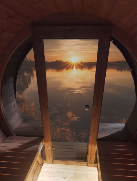 Glass Facade & Half Moon Window Barrel Sauna