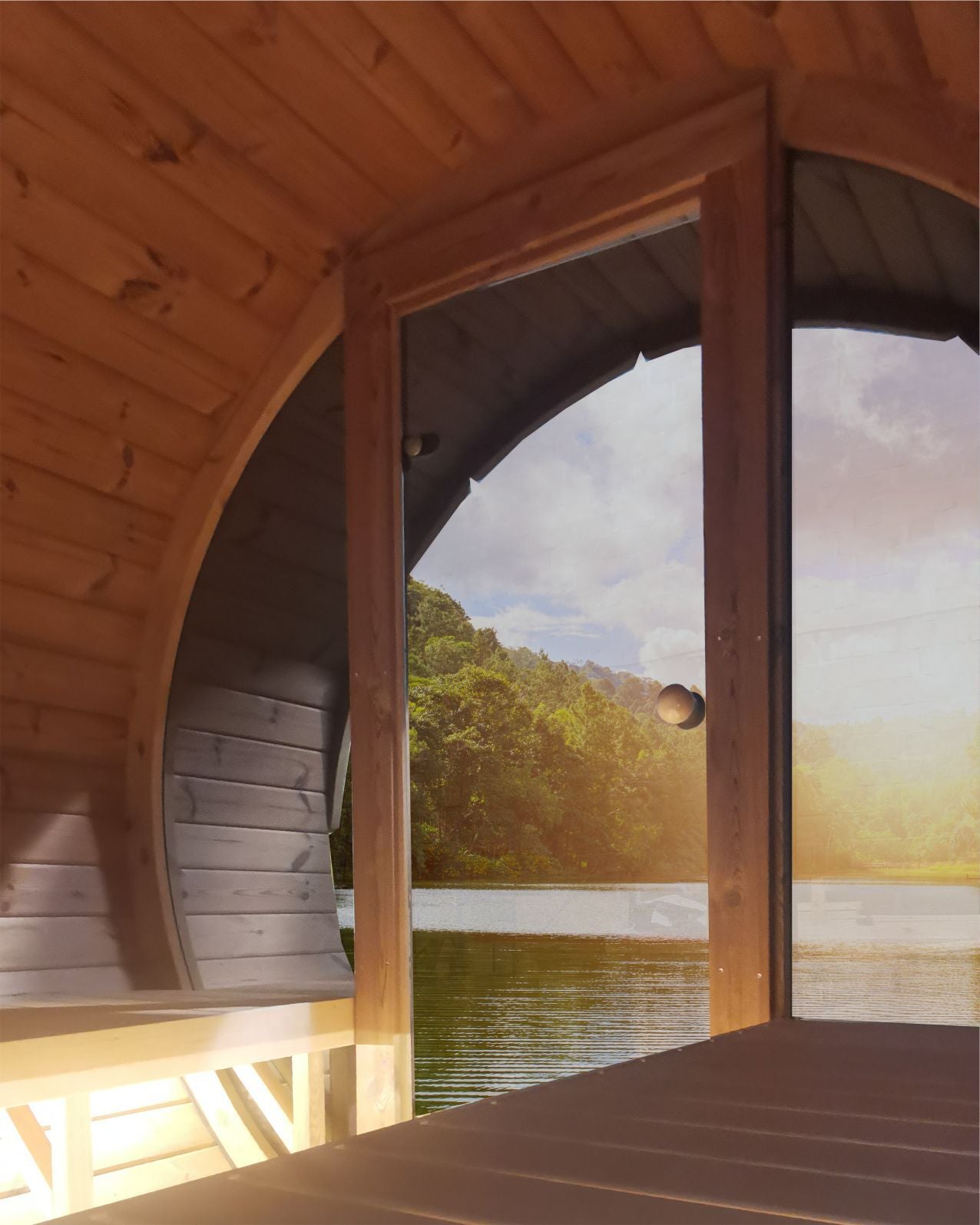 Glass Facade & Half Moon Window Barrel Sauna