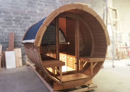 Glass Facade & Half Moon Window Barrel Sauna