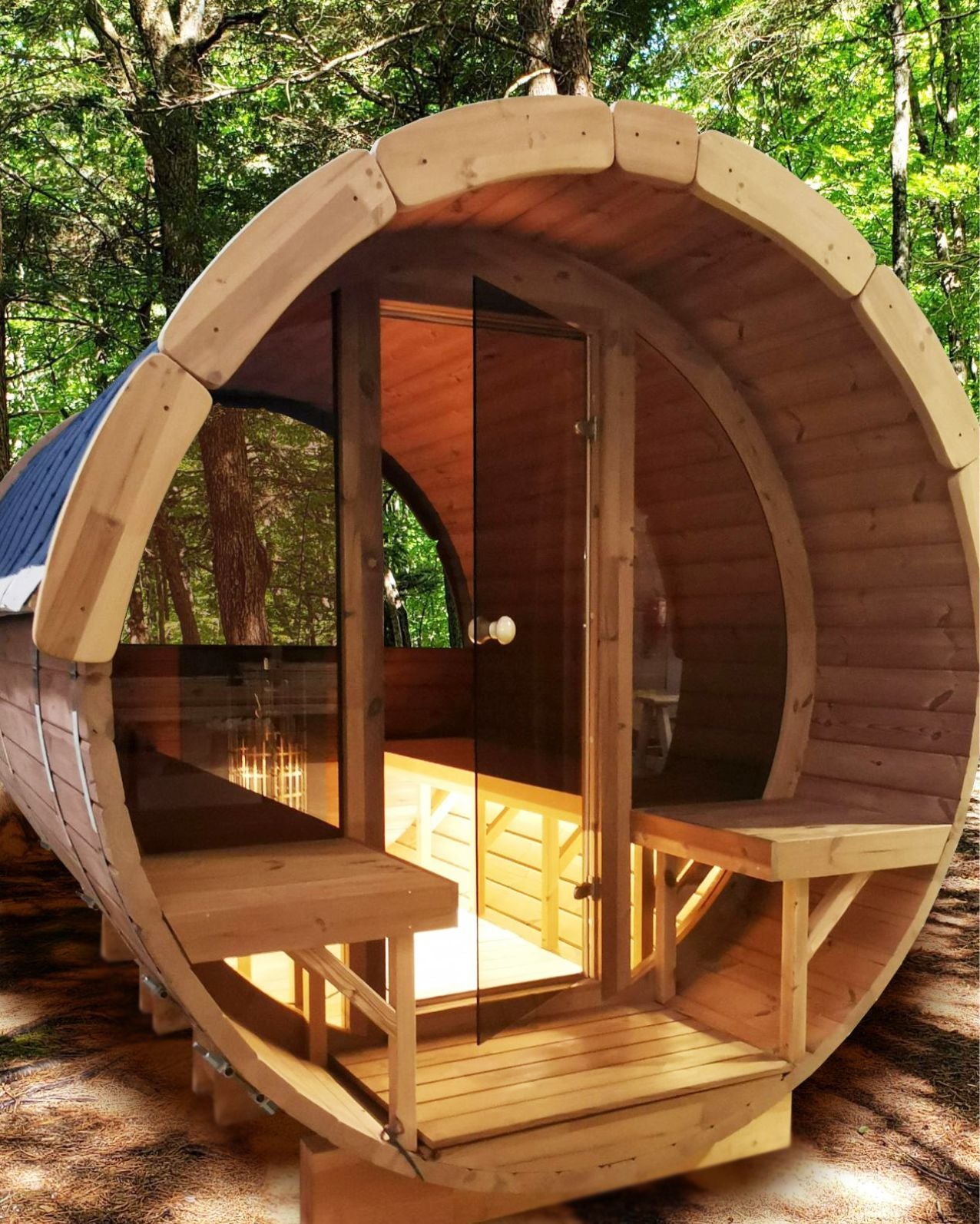 Glass Facade & Half Moon Window Barrel Sauna